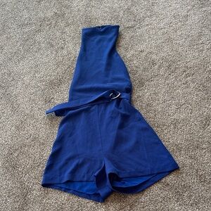 Amanda Uprichard Royal Blue High-Waist Belted Romper Shorts